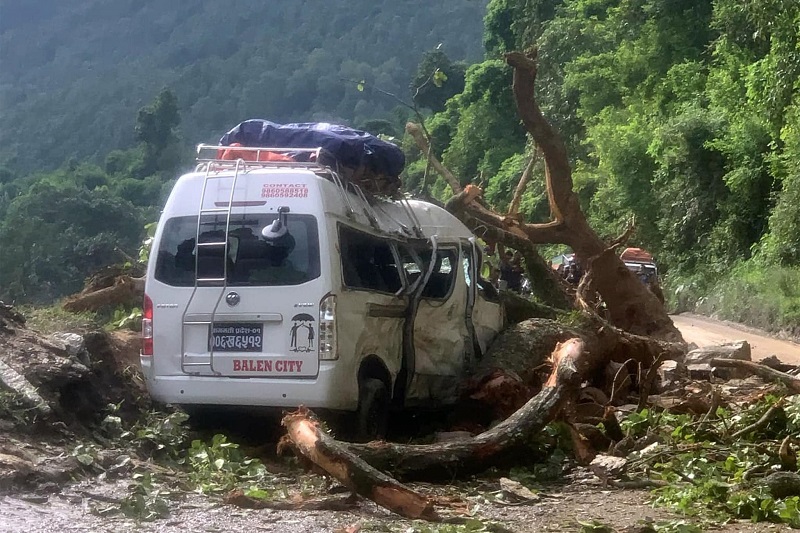 धादिङमा गुडिरहेको माइक्रोबसमा पहिरोसँगै खसेको रुखले लाग्दा ९ जना यात्रु घाइते